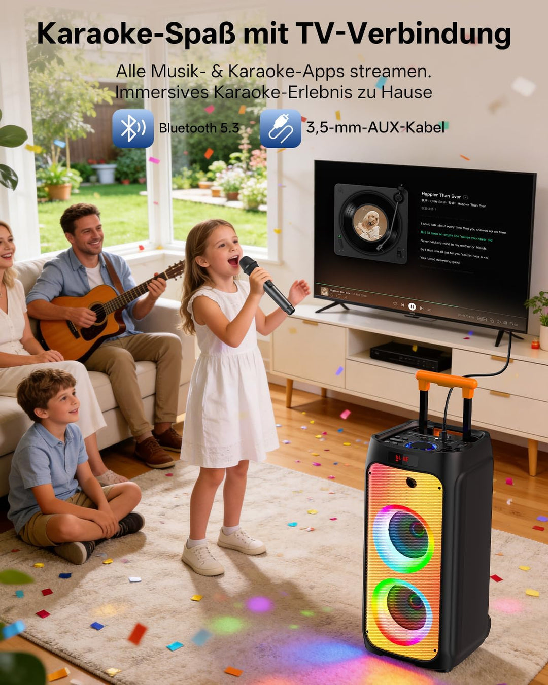 JYX Karaoke Anlage mit 2 drahtlosen Mikrofonen, Grosser Karaoke Lautsprecher Bluetooth mit Rädern un