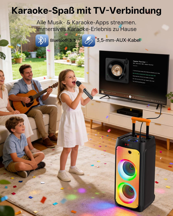 JYX Karaoke Anlage mit 2 drahtlosen Mikrofonen, Grosser Karaoke Lautsprecher Bluetooth mit Rädern un