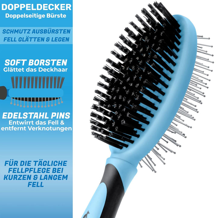 BluePet "DoppelDecker" 2in1 Hundebürste für Langhaar & Kurzhaar - Auch für Welpen & Katzen - Glätten