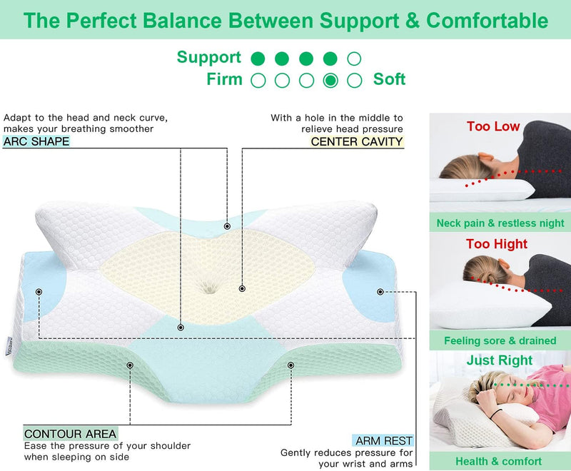 Elviros Zervikale Orthopädisches Kopfkissen aus Memory-Schaum abnehmbares ergonomisches Nackenhörnch