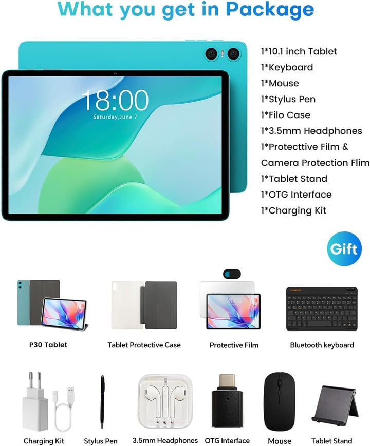 TECLAST 10.1 Zoll Android Tablet mit Gemini AI, Tablets mit Tastatur und Stift 10-Zubehör, 64GB ROM