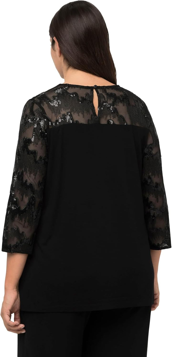 Ulla Popken Damen Shirtbluse mit Paillettenbesatz Bluse 50-52 Grosse Grössen Schwarz, 50-52 Grosse G