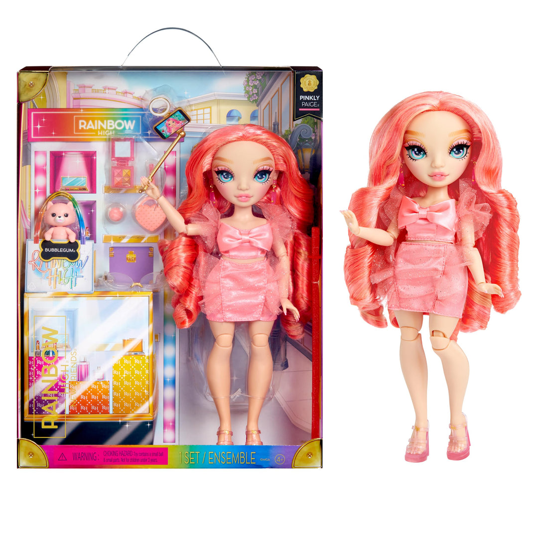 Rainbow High Modepuppe - Pinkly Paige - Pinkfarbene Modepuppe in Modischem Outfit - mit Brille &amp; Meh