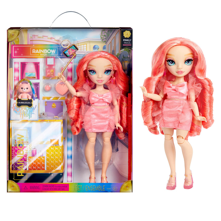 Rainbow High Modepuppe - Pinkly Paige - Pinkfarbene Modepuppe in Modischem Outfit - mit Brille &amp; Meh