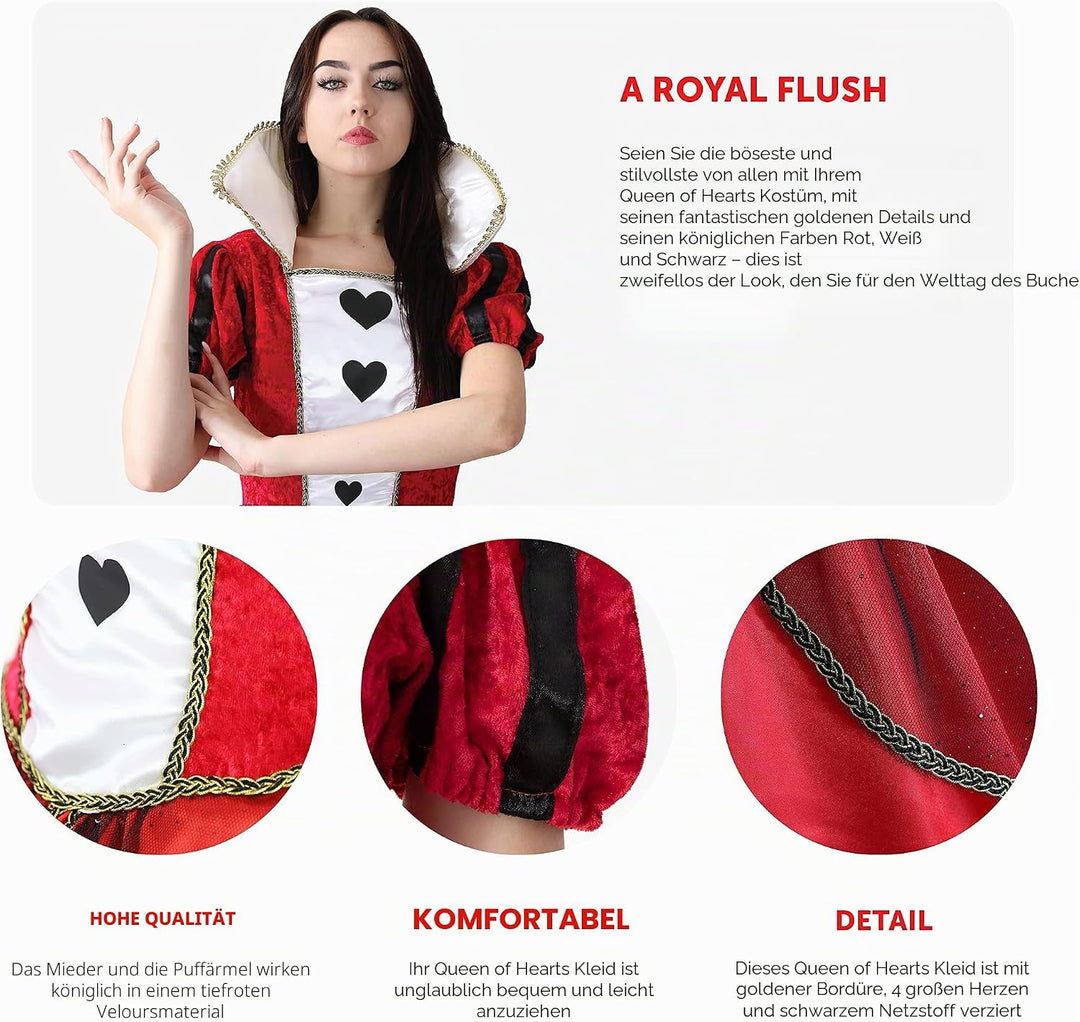 Damen Kostüm Königin der Herzen – X-Large – langes rotes & schwarzes Kleid mit Herzen Dekoration – D