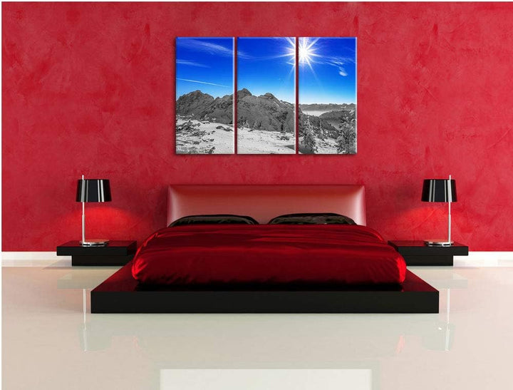 Verschneites Tannheimer Tal schwarz/weiss 3-Teiler Leinwandbild 120x80 Bild auf Leinwand, XXL riesig