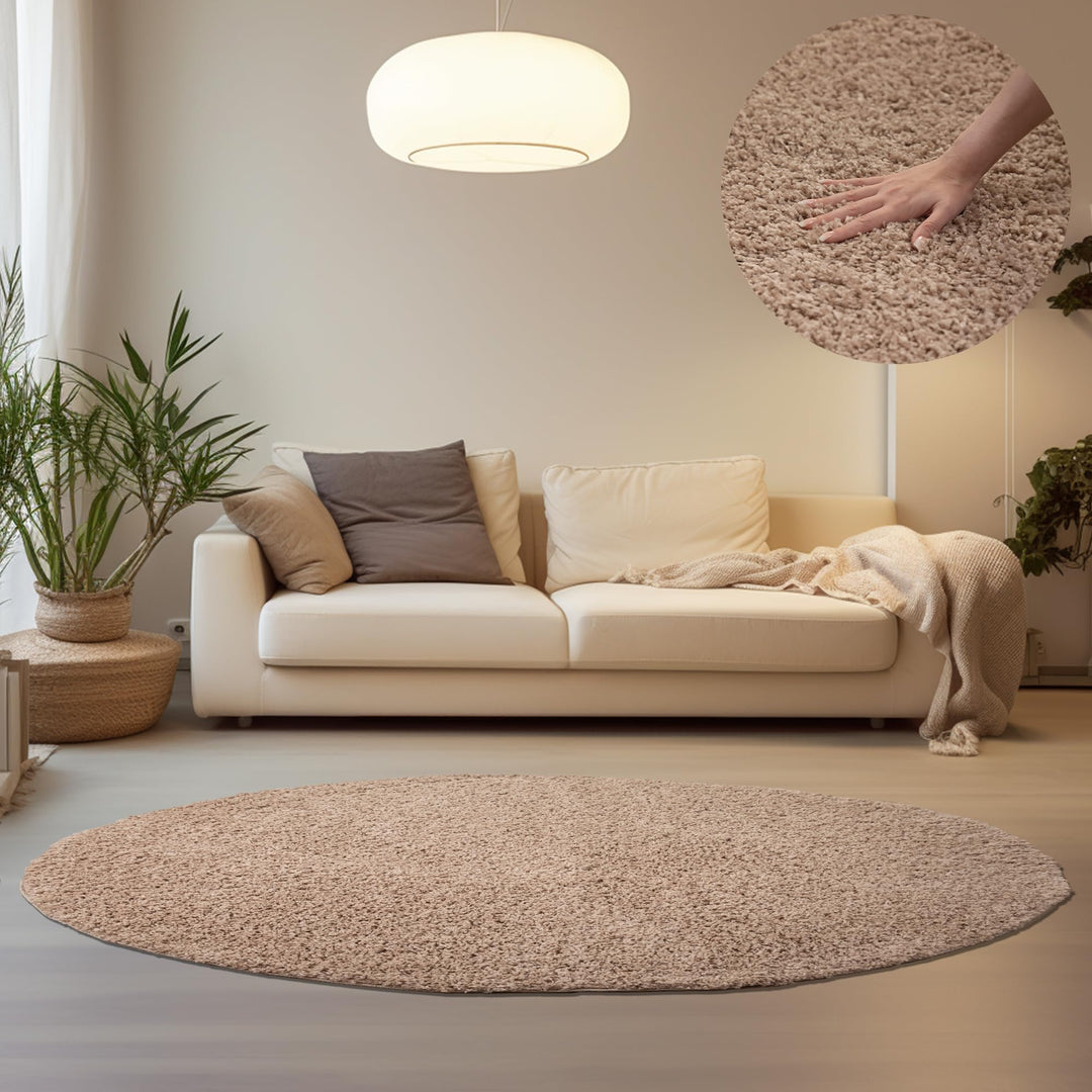 HomebyHome Shaggy Teppich Wohnzimmer Beige Runder Flauschiger Teppich 120 cm Rund Einfarbig - Hochfl