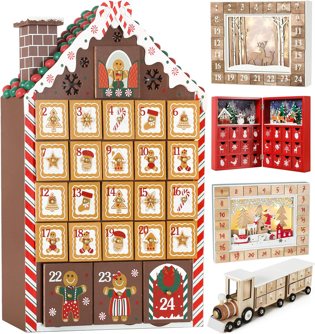Brubaker Adventskalender aus Holz zum Befüllen - Lebkuchenhaus mit LED-Beleuchtung - Wiederverwendba