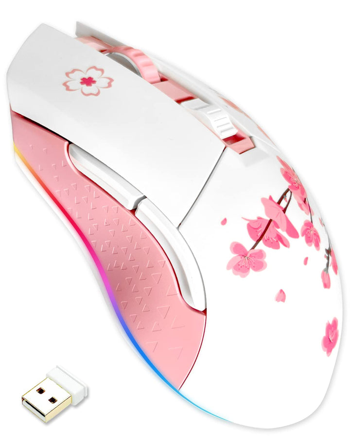 DAREU Sakura Pink Wireless Wired Gaming Mouse, Dual-Mode Wiederaufladbar, 6 Programmierbare Tasten,