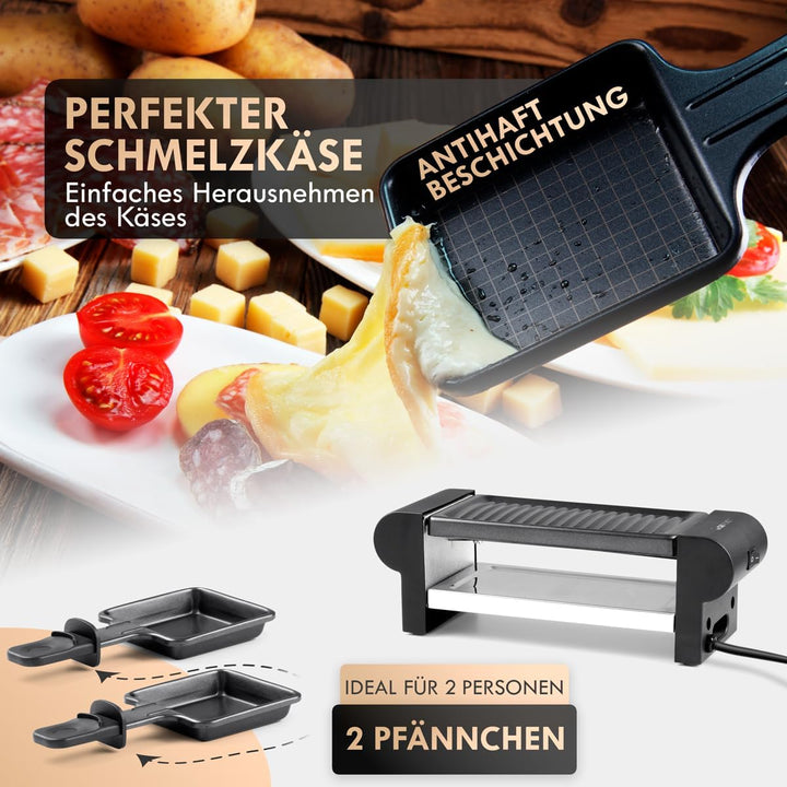 Clatronic® Raclette 2 Personen | Mini Raclette mit ca. 20,5 x 10,5 cm Grillfläche | für Grillen & Üb