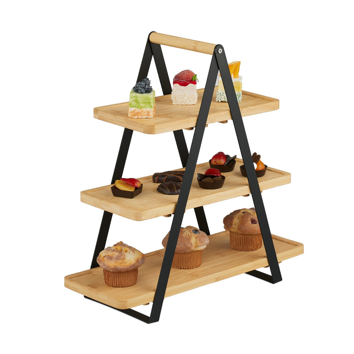Relaxdays Etagere, 3 Etagen, Bambus, Metall, länglich, Griff, Kuchen, HBT 42x41x16,5 cm, Servierstän