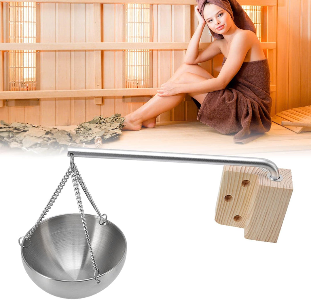 Hapvida Saunaschale, hängender Aromatherapie-Ölbecher aus Edelstahl mit Holzblock für Saunaraum, Aro