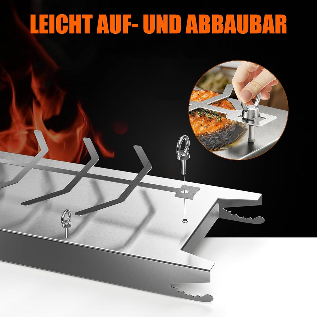Flammlachsbrett aus Edelstahl 52×12 cm, Verstellbare Halterung | 180° Drehbar | 5-Stufig Einstellbar