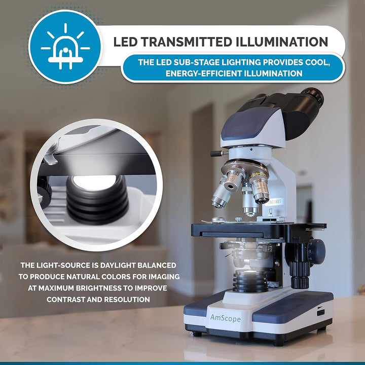 AmScope B120C-50P100S-10M 40X-2500X LED-Fernglas-Verbundmikroskop mit 50 Stück Leer Folien und 10-Me