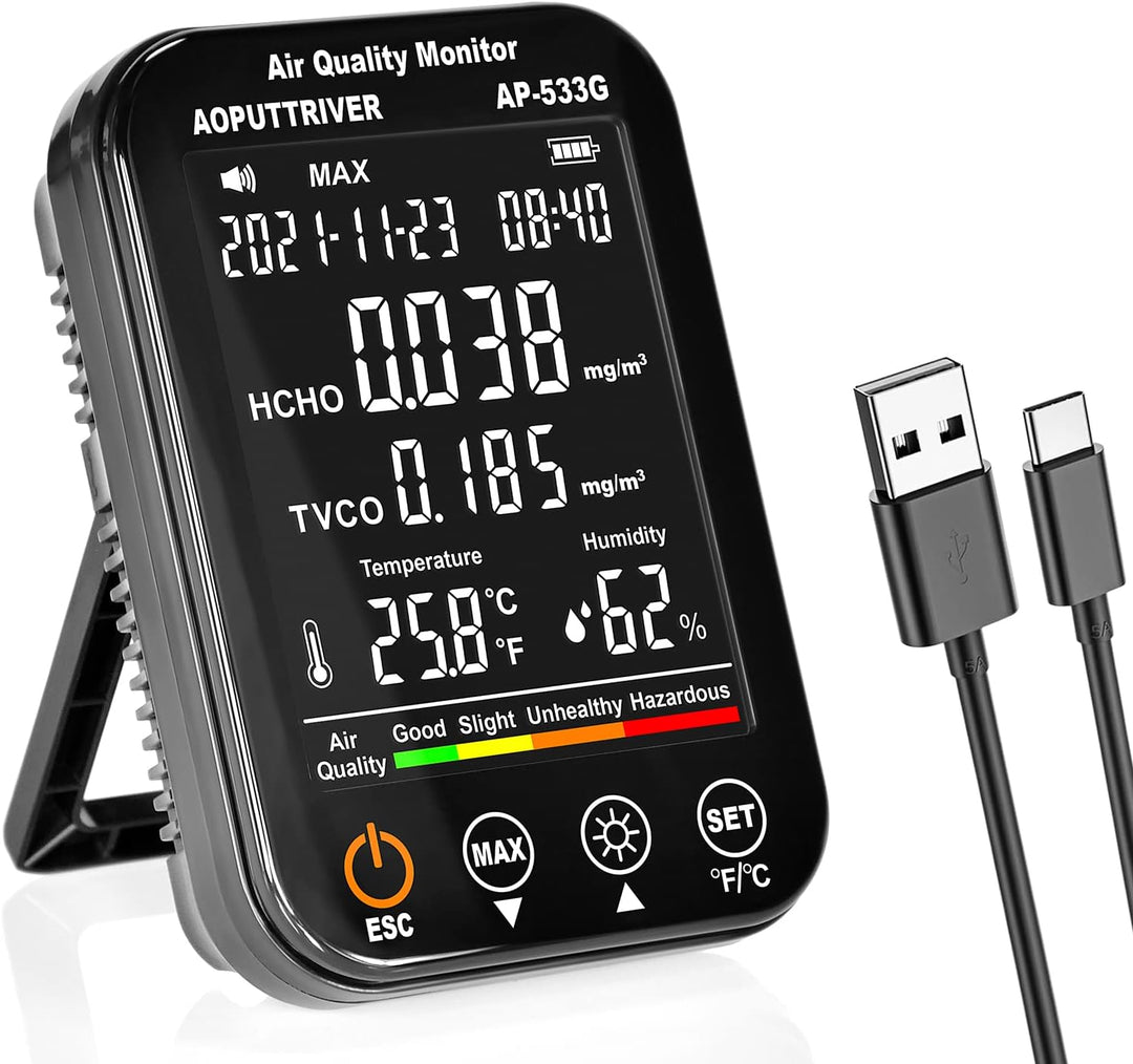 Formaldehyd Detektor, Feuchtigkeit Temperatur Luftqualitätsmonitor für HCHO/TVOC, 4 in1 Raumluftvers