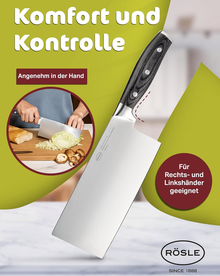 RÖSLE WOLFGREY Chinesisches Kochmesser 18cm – Premium Hackmesser Küche aus Spezialklingenstahl – Hoc