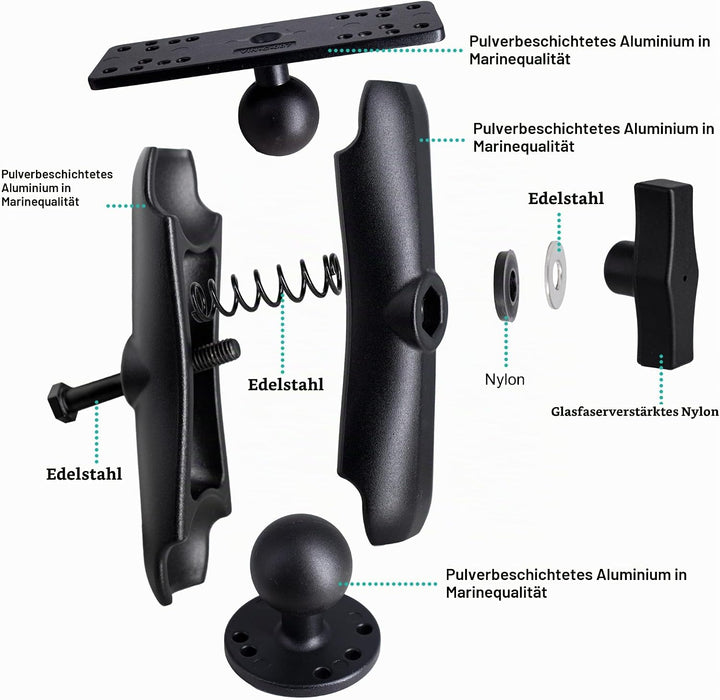 Fischfinderhalterung mit 1,5 Zoll, C-Grösse, 38mm Kugel, Schwarz, Verstellbare Montagehalterung, Kom
