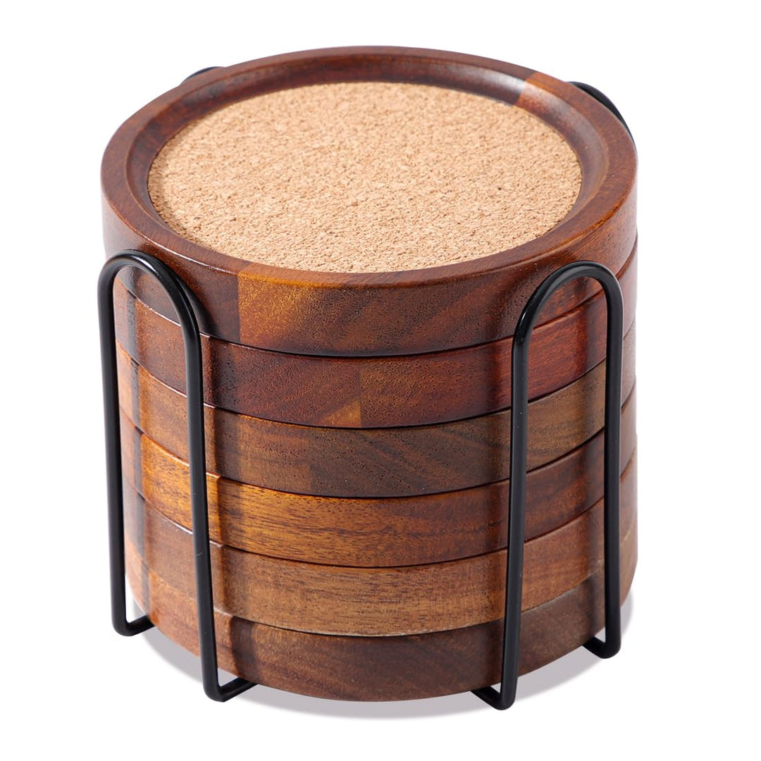 Holz Untersetzer Rund für Gläser 6er Set, Glasuntersetzer aus Akazienholz und Kork mit Halter, Unter