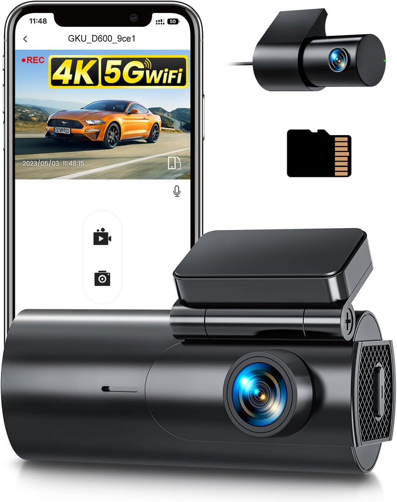 GKU Dashcam Auto Vorne Hinten 4K/2,5K WiFi Dash Cam mit 64GB SD Karte, Dual Auto Kamera mit Parküber