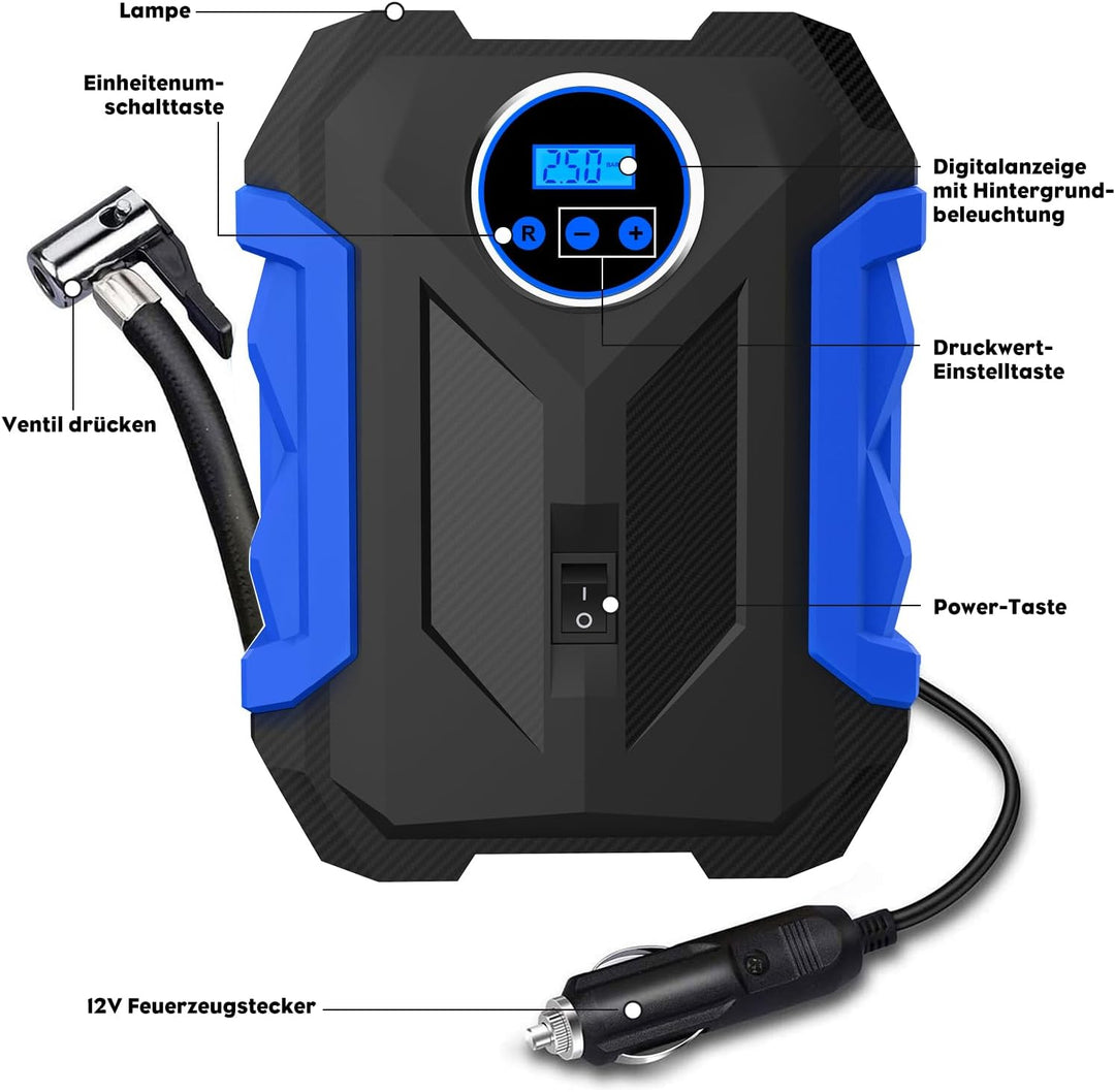 CARSUN Luftpumpe Auto,12V Mobiler Kompressor Auto,150PSI Autoreifen Pumpe mit Reifendruckmesser und