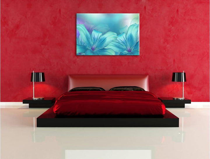 Pixxprint türkise Lilien, Format: 100x70 auf Leinwand, XXL riesige Bilder fertig gerahmt mit Keilrah
