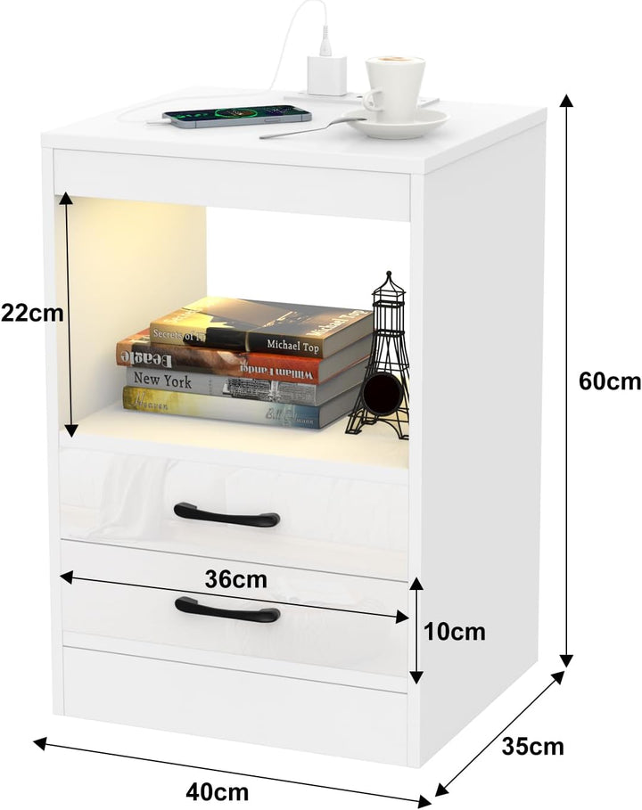 Lvhecforhm Nachttisch mit Steckdosen, Nachttisch Weiss Einstellbares Licht, Nachttische mit 2 Schubl