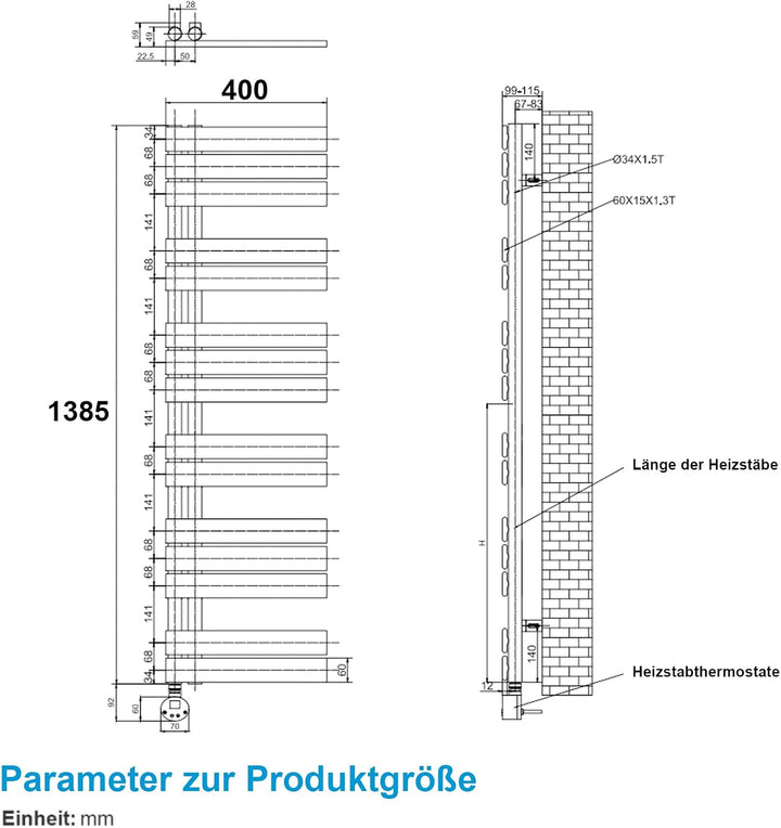 Heilmetz Badheizkörper Elektrisch Handtuchheizkörper Elektrisch mit Thermostat mit Timer-Funktion He