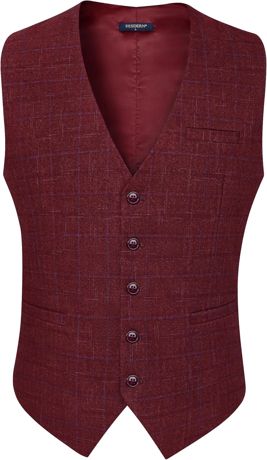 HISDERN Manner Formale Hochzeitsfeier Weste Baumwolle Plaid Kleid Anzug Weste für Herren Burgund 2 S