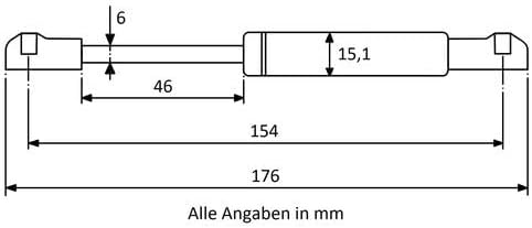 Gasdruckfeder 154 mm, 46 mm Hub, 120 N, Ø 10/6 mm, abnehmb. Kugelkopfaufnahme Gasdruckdämpfer, Gasfe