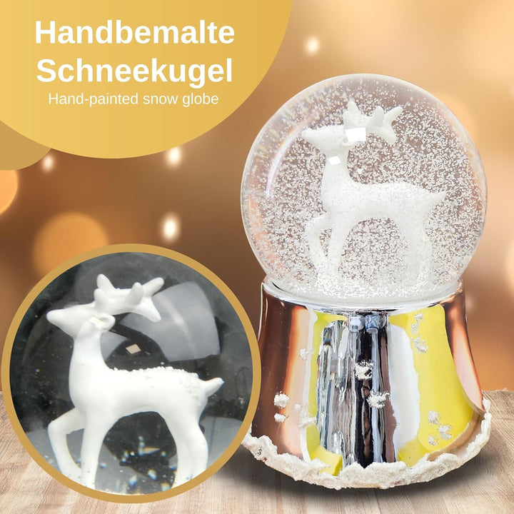 Schneekugel Weihnachten Spieluhr | REH weiss| Sockel Silber glänzend mit Schneeflocken | mit Musik |