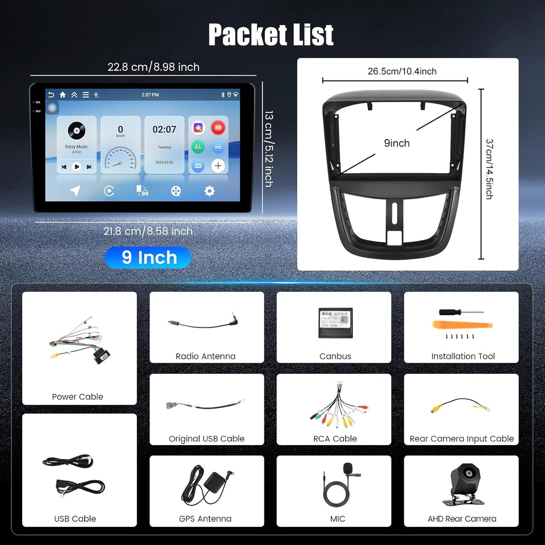 Hikity 4+64G Android 15 Autoradio für Peugeot 207 2006-2015, 9" Incell Bildschirm Radio mit Wireless