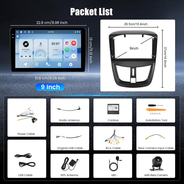Hikity 4+64G Android 15 Autoradio für Peugeot 207 2006-2015, 9" Incell Bildschirm Radio mit Wireless