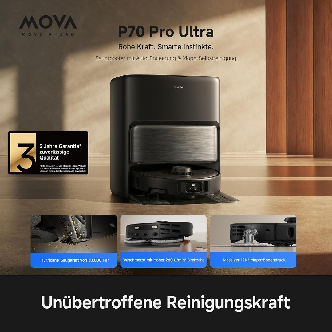 MOVA P70 Pro Ultra Saugroboter 30.000Pa Saugkraft Schwarz | 260 U/min Wischmoppmotor mit 12N Anpress