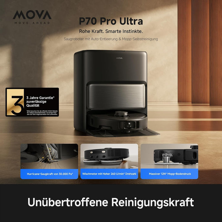 MOVA P70 Pro Ultra Saugroboter 30.000Pa Saugkraft Schwarz | 260 U/min Wischmoppmotor mit 12N Anpress