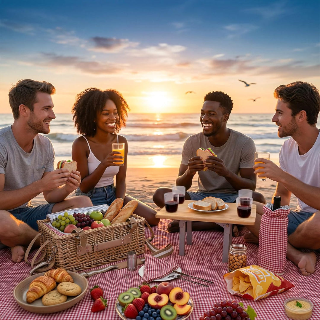 Picknickkorb-Set aus Weide für 4 Personen – mit abnehmbarem Tisch, Bestecktasche, isolierter Kühltas