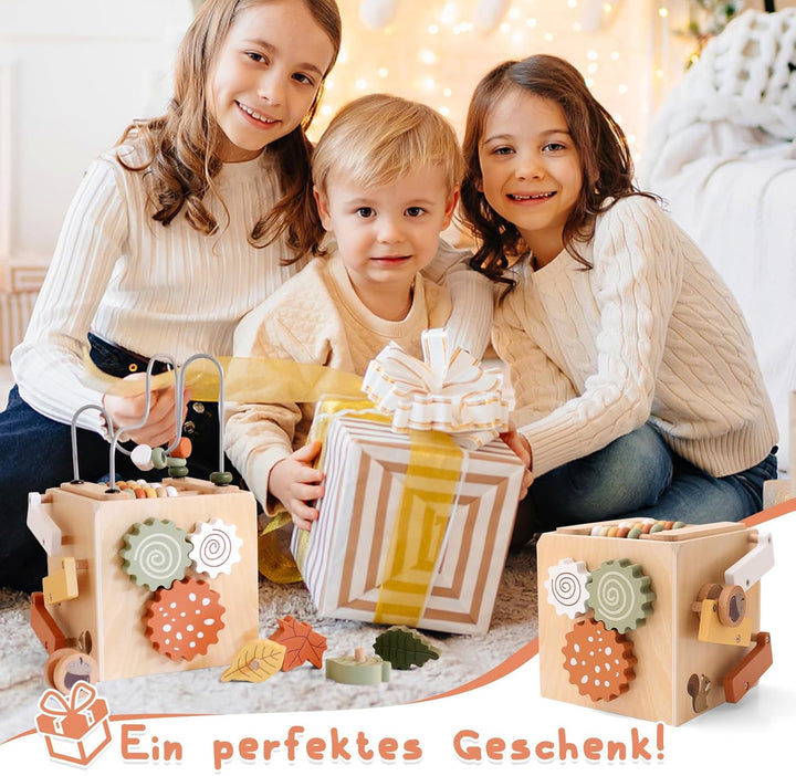 WOODEN TEETHER Montessori Motorikwürfel holzspielzeug Montessori Spielzeug 6 in 1（Naturholzfarbe Akt