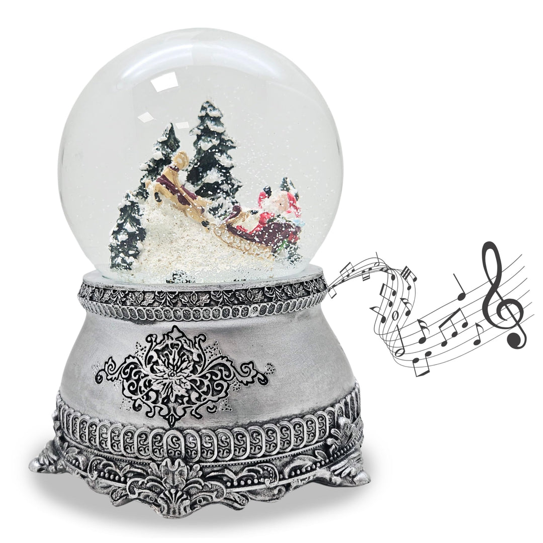 Nostalgie Schneekugel Weihnachtsmann im Schlitten im Winterwald * auf Silber Sockel mit Landschaft *