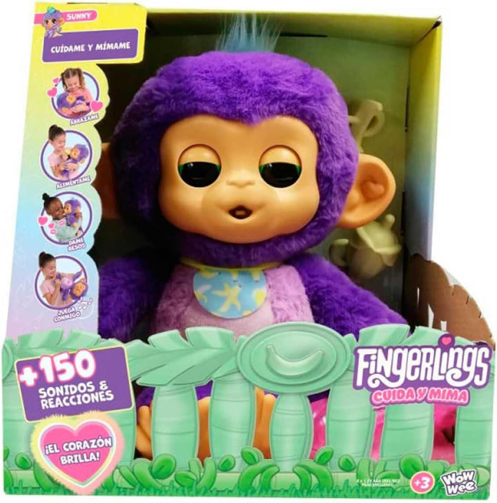 Fingerlings Kümmere dich um Y Mima, interaktiver Plüsch-Affe in Lila, weich und kuschelig, mit +150