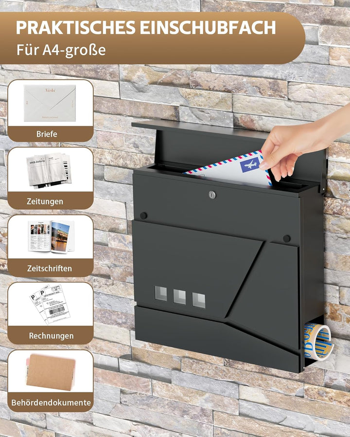 Briefkasten Anthrazit Edelstahl Mit Zeitungsfach, Wetterfest, Aufkleber Gegen Unerwünschte Werbung,
