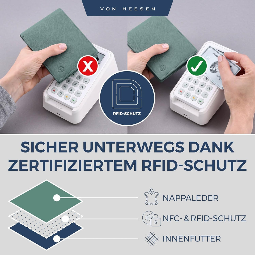 VON HEESEN Leder Geldbörse RFID Schutz I Echtleder Geldbeutel für Damen & Herren I Portemonnaie Brie