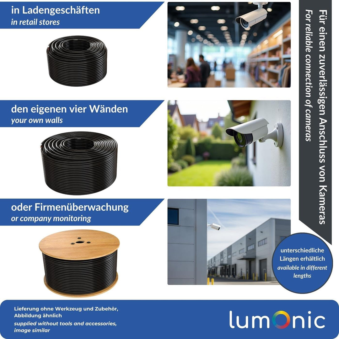 Lumonic RG59 RG59 Koaxialkabel + Stromleitung 50m | CCTV Überwachungskabel mit Power | 75 Ohm Kombik