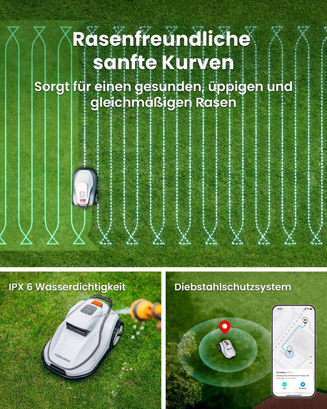 TerraMow V600 Mähroboter ohne Begrenzungskabel mit Garage, Tri-AI Vision-Technologie ohne Kabel-/RTK