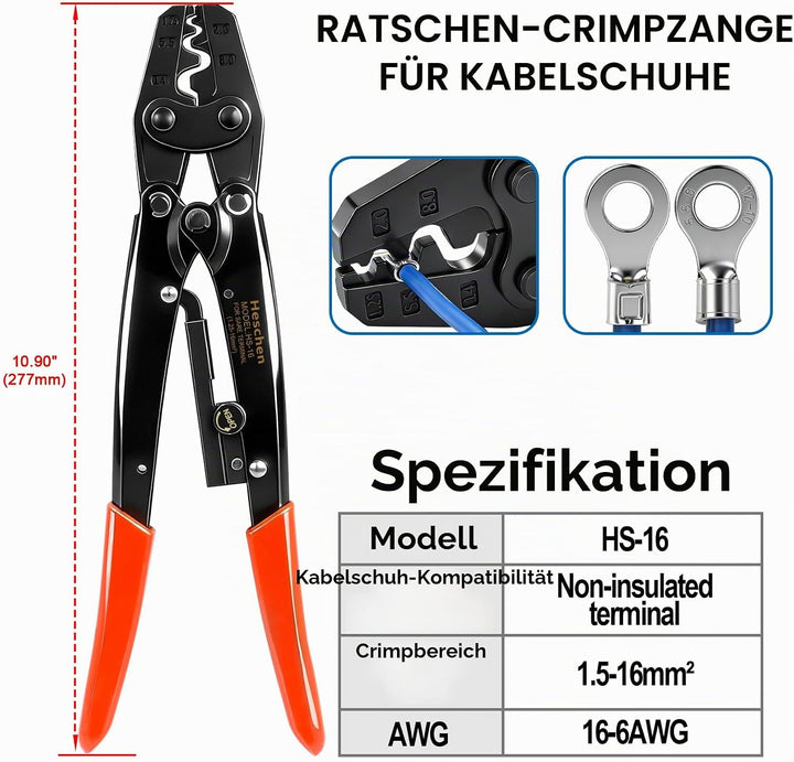 Heschen Crimpzange mit Ratsche HS-16 für nicht isolierte Klemmen von 1,5-16 mm² (15-5AWG) (Spitzenty