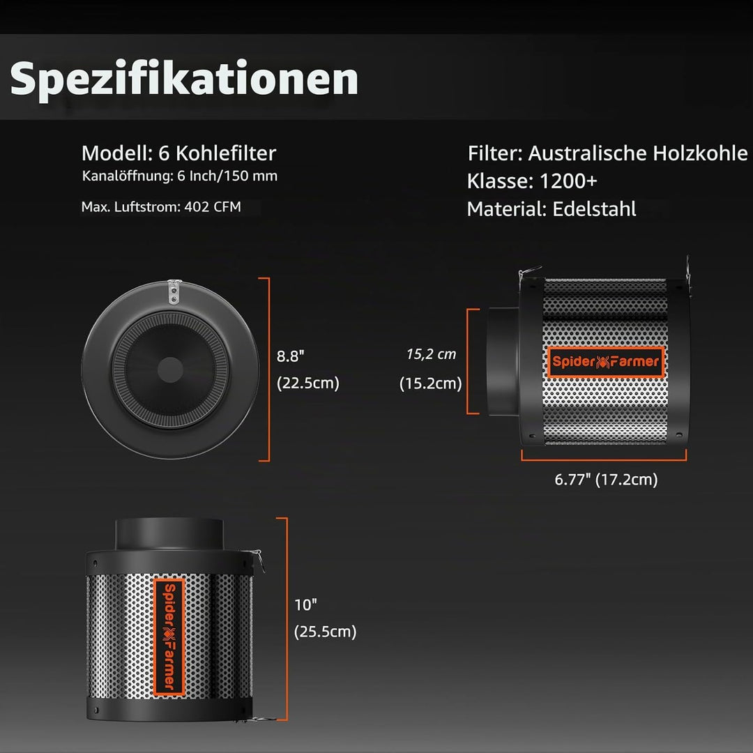 Spider Farmer 150 mm/6 inch Kohlefilter für Growzelt, Luftkohlefilter mit Premium Australien Virgin