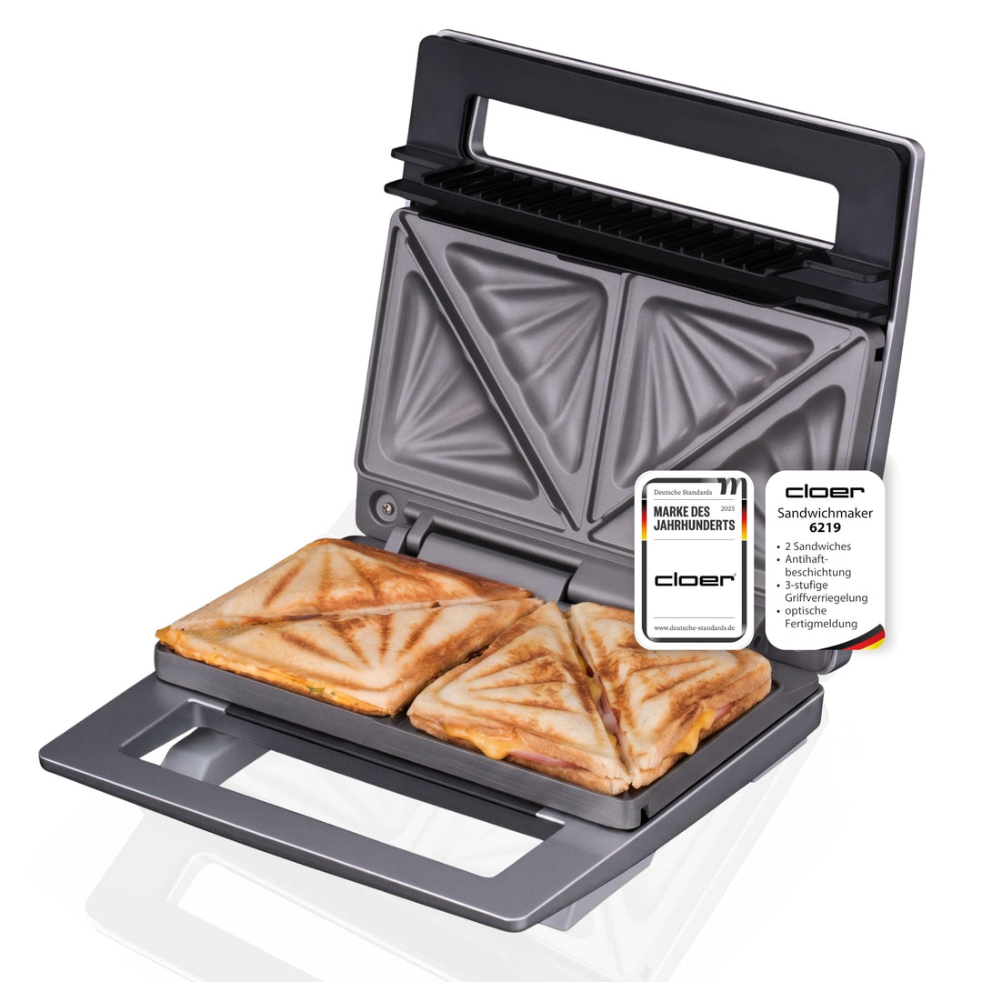 Cloer 6219 Sandwichmaker, 900 W für 2 diagonal geteilte Toasts, optische Fertigmeldung, silber Silbe