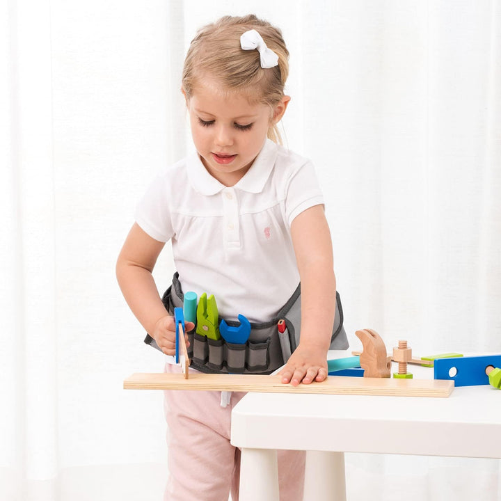 Woet® Blau Werkzeuggürtel Set für Kinder - Rollenspiel Handwerker - Mit Holzwerkzeug - Ab 3 Jahren W