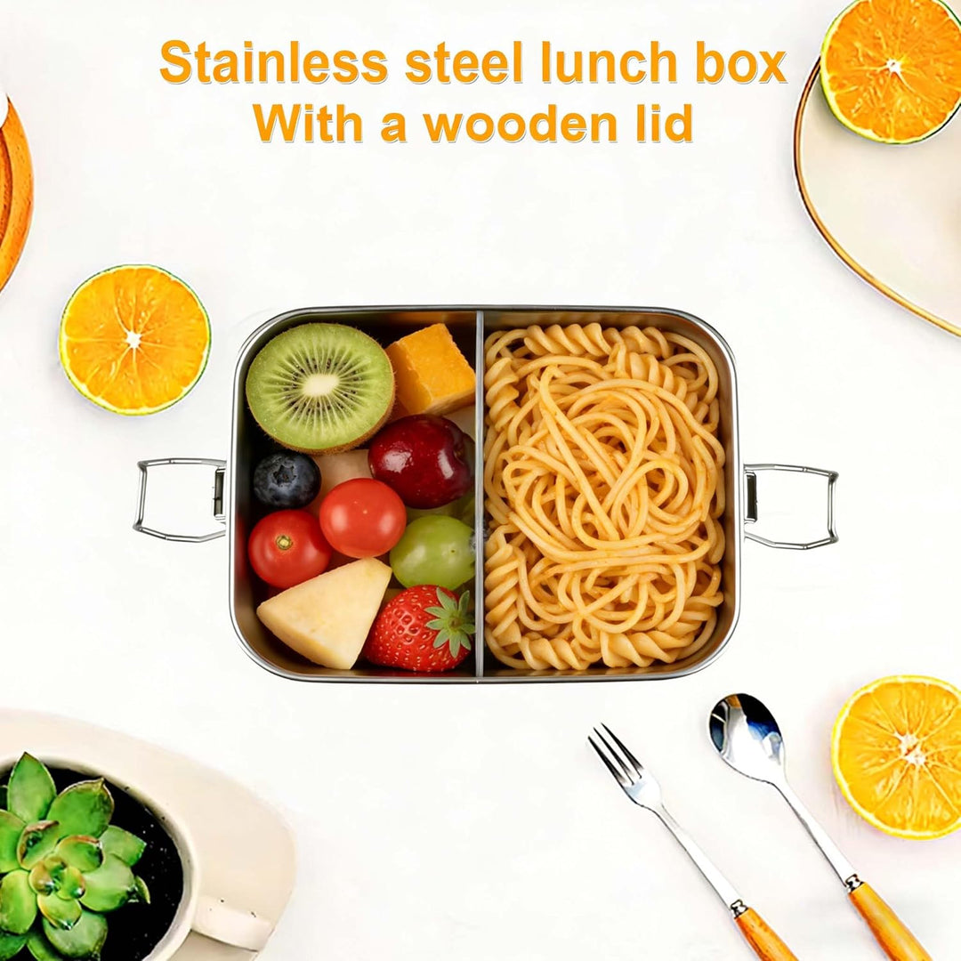 Bento Lunchbox Für Erwachsene/Kinder Edelstahl Brotdose Und Lunchbox Metalldose Mit Holzdeckel Jause