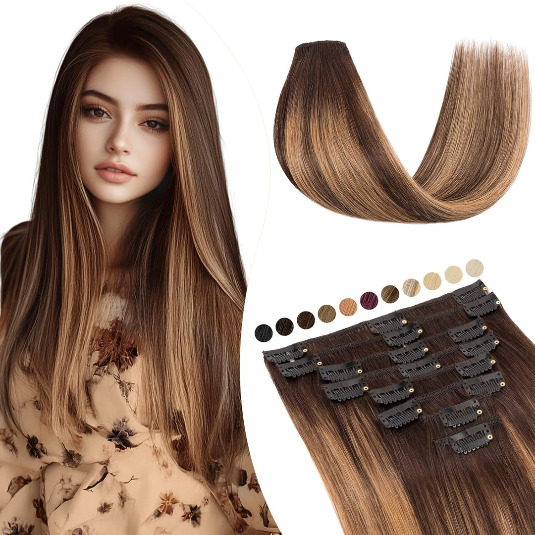 Elailite Extensions Echthaar Clip in 8 Tressen Glatt #2T2P6 Dunkelbraun/Hellbraun, Haarverlängerung