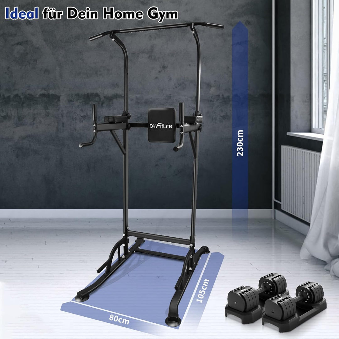 DH FitLife Power Tower Dip Station | Sport Geräte mit Klimmzugstange, Dip Barren u. Rückentrainer |