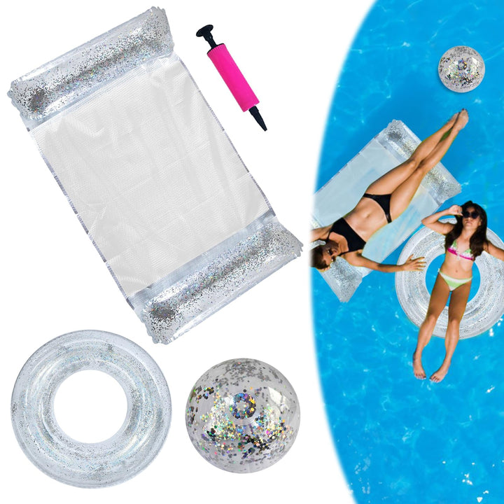 4 Stück Luftmatratze Pool, Pailletten Wasserspielzeug Wasserhängematte mit Schwimmring Wasserball Pu